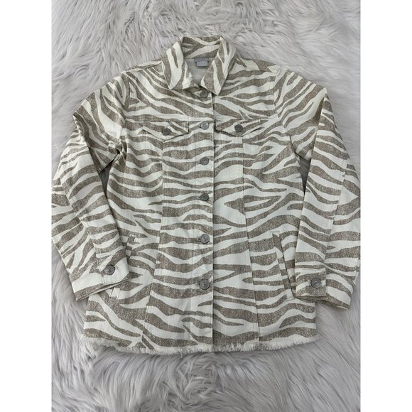Chicos Womens 00P Zebra Print Button Up Jacket Stretch Fringe Bottom - Picture 1 of 9